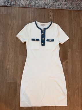 Nannette White Knit Mini Dress with Denim Trim